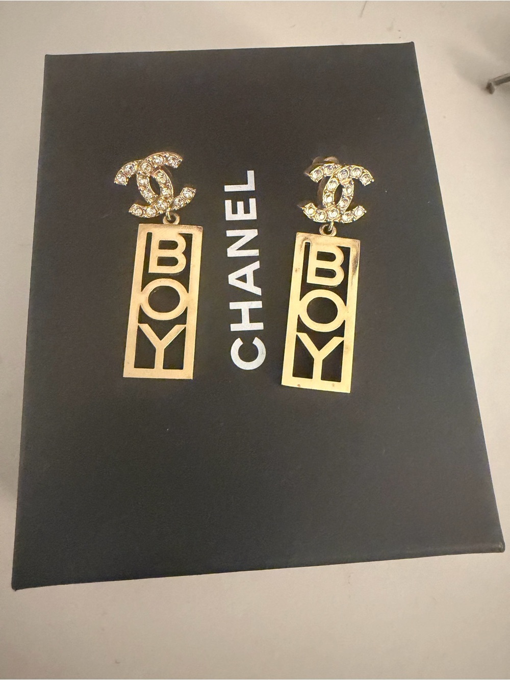 CHANEL Gold CC Crystal Stud Drop Earrings with BOY Plaques